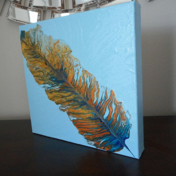 Acrylic Flow Painting, Golden Feather on Canvas - Picture 3 of 8